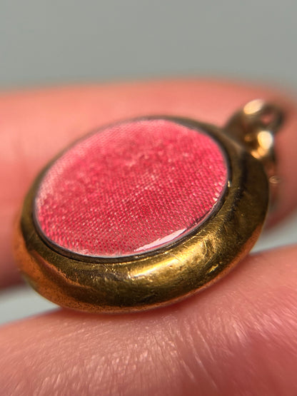 Antique Victorian 15K Gold, Silver and Turquoise Locket Pendant with Pink Silk