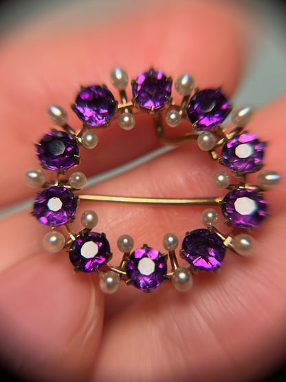 Antique 14K, Amethyst and Seed Pearl Wreath Brooch