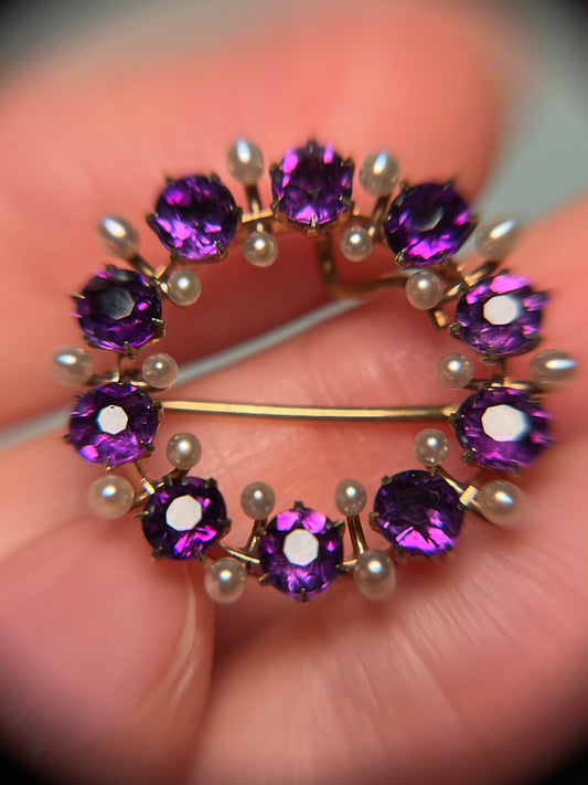 Antique 14K, Amethyst and Seed Pearl Wreath Brooch