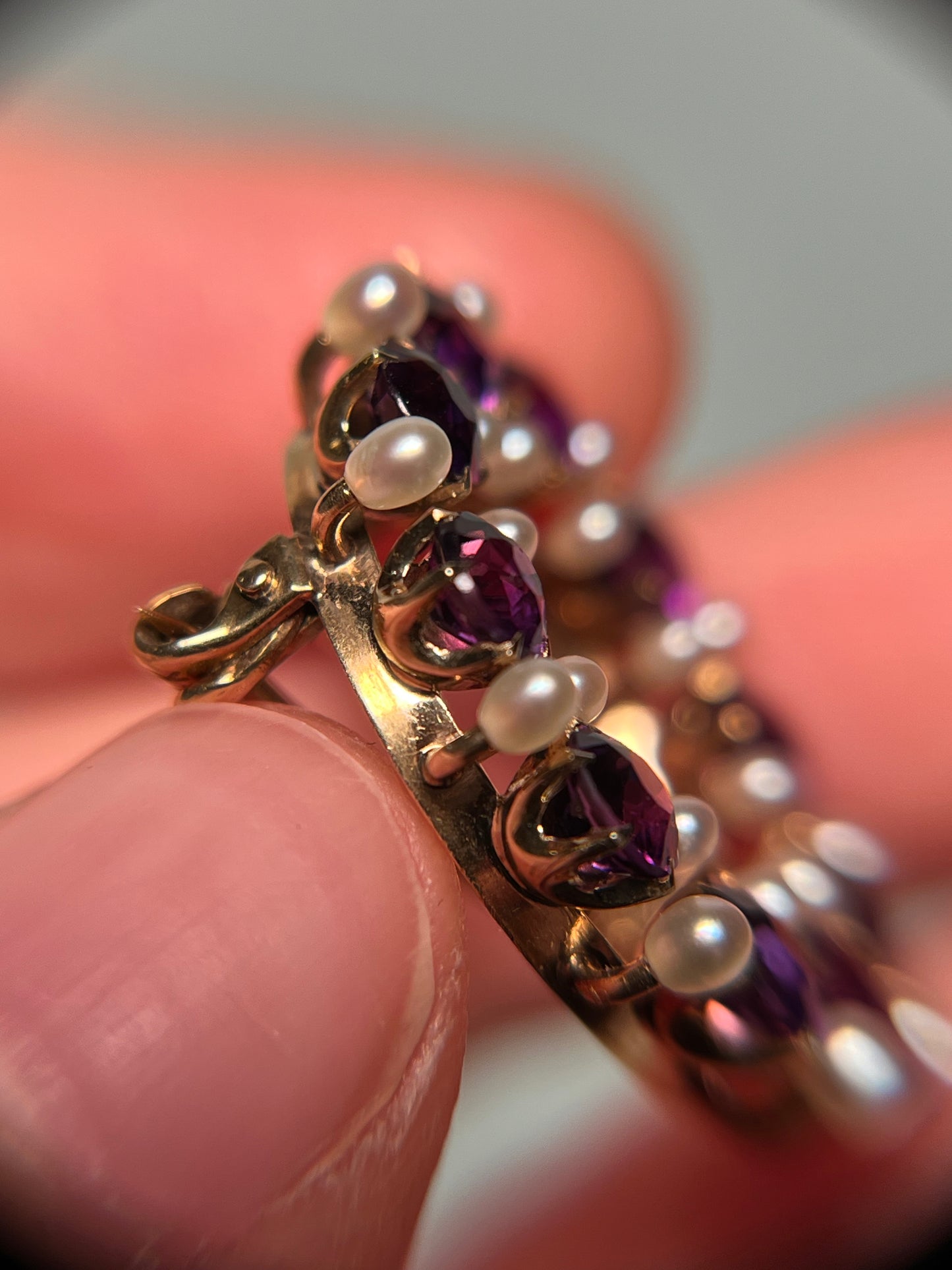 Antique 14K, Amethyst and Seed Pearl Wreath Brooch