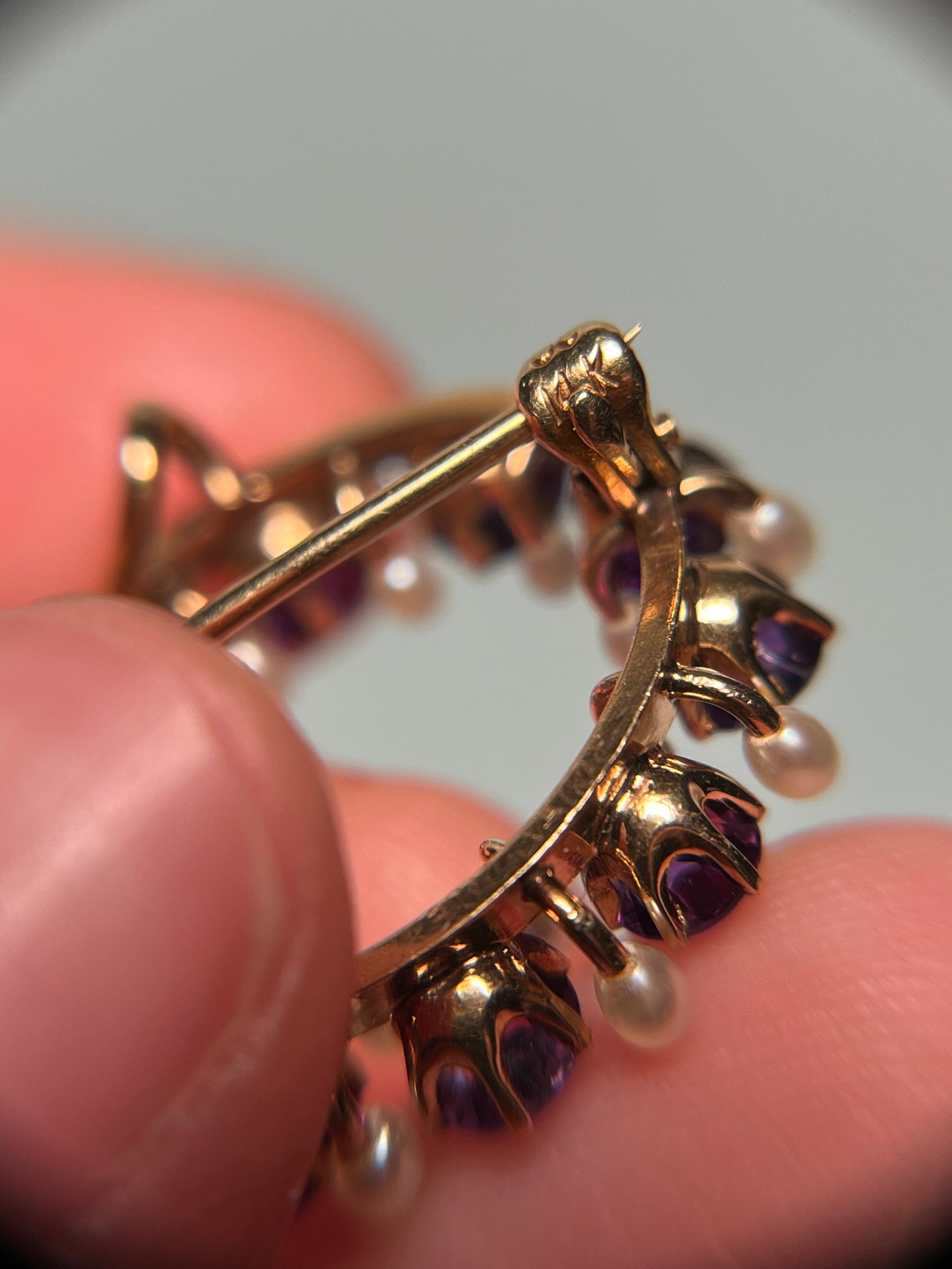 Antique 14K, Amethyst and Seed Pearl Wreath Brooch