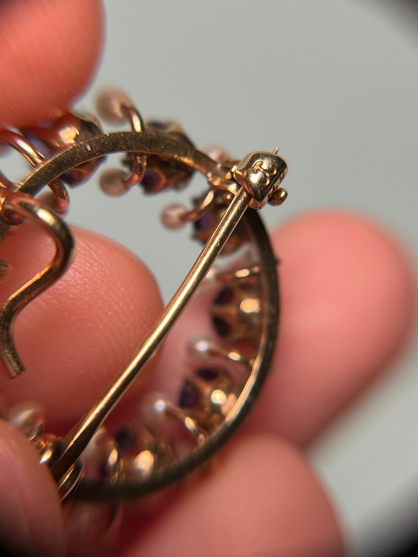 Antique 14K, Amethyst and Seed Pearl Wreath Brooch