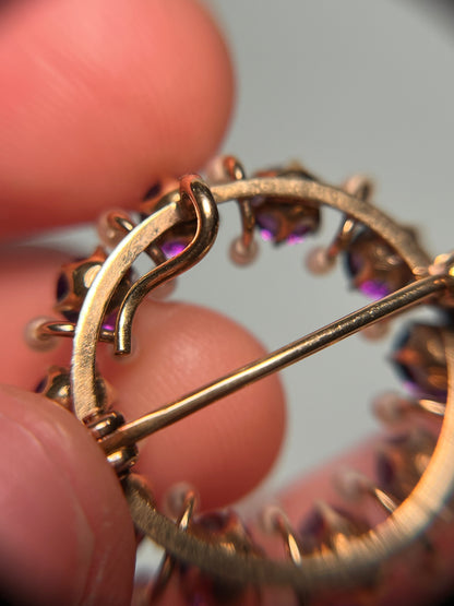 Antique 14K, Amethyst and Seed Pearl Wreath Brooch