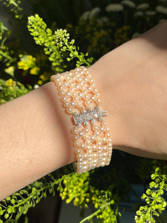 Retro-Era Woven Cultured Pearl Bracelet with 9K White Gold Clasp, ~0.50ctw Diamonds