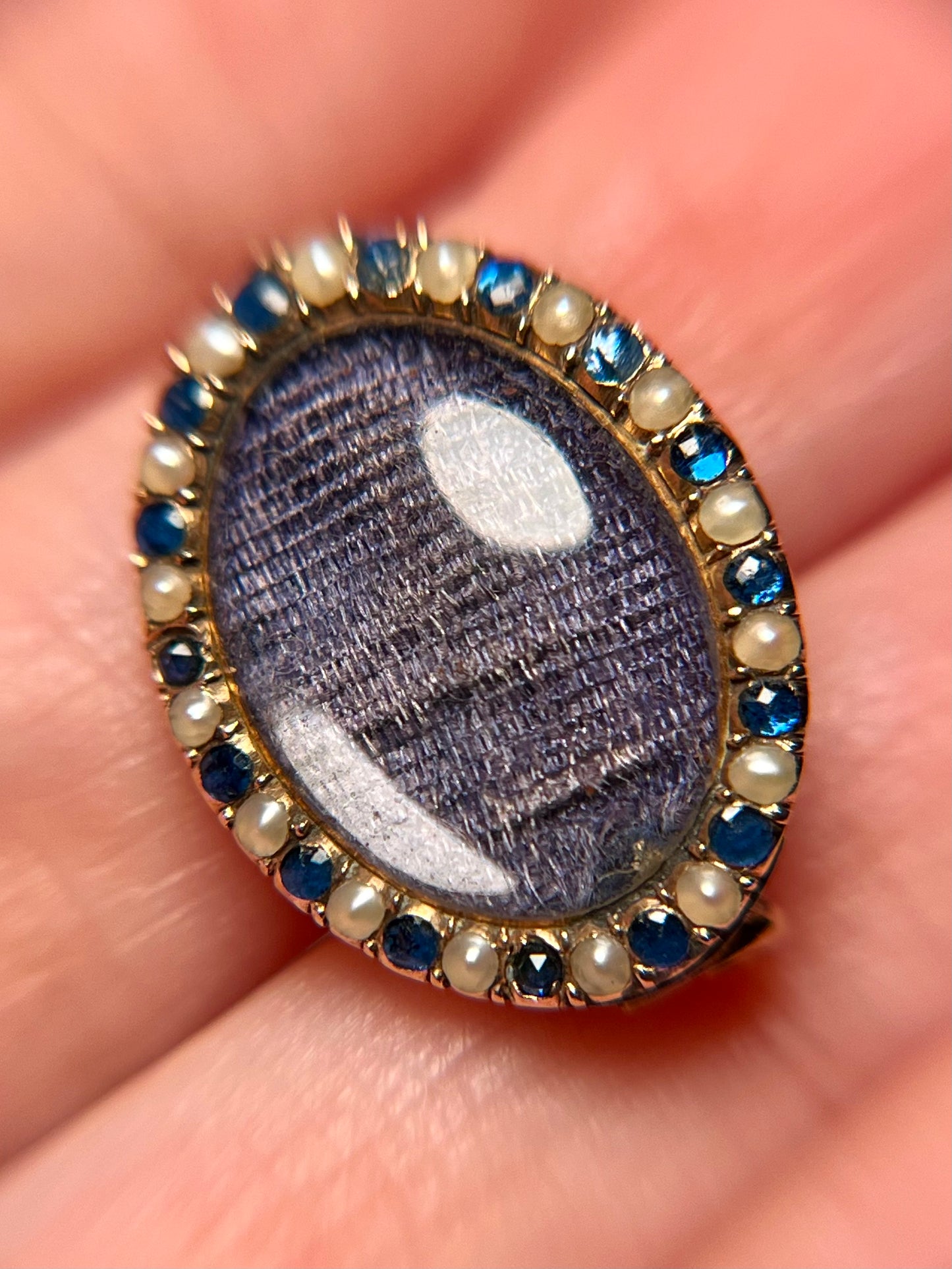 Georgian Navette Brooch with Rose-Cut Sapphires, Seed Pearls and Silk with Monogram "MG"