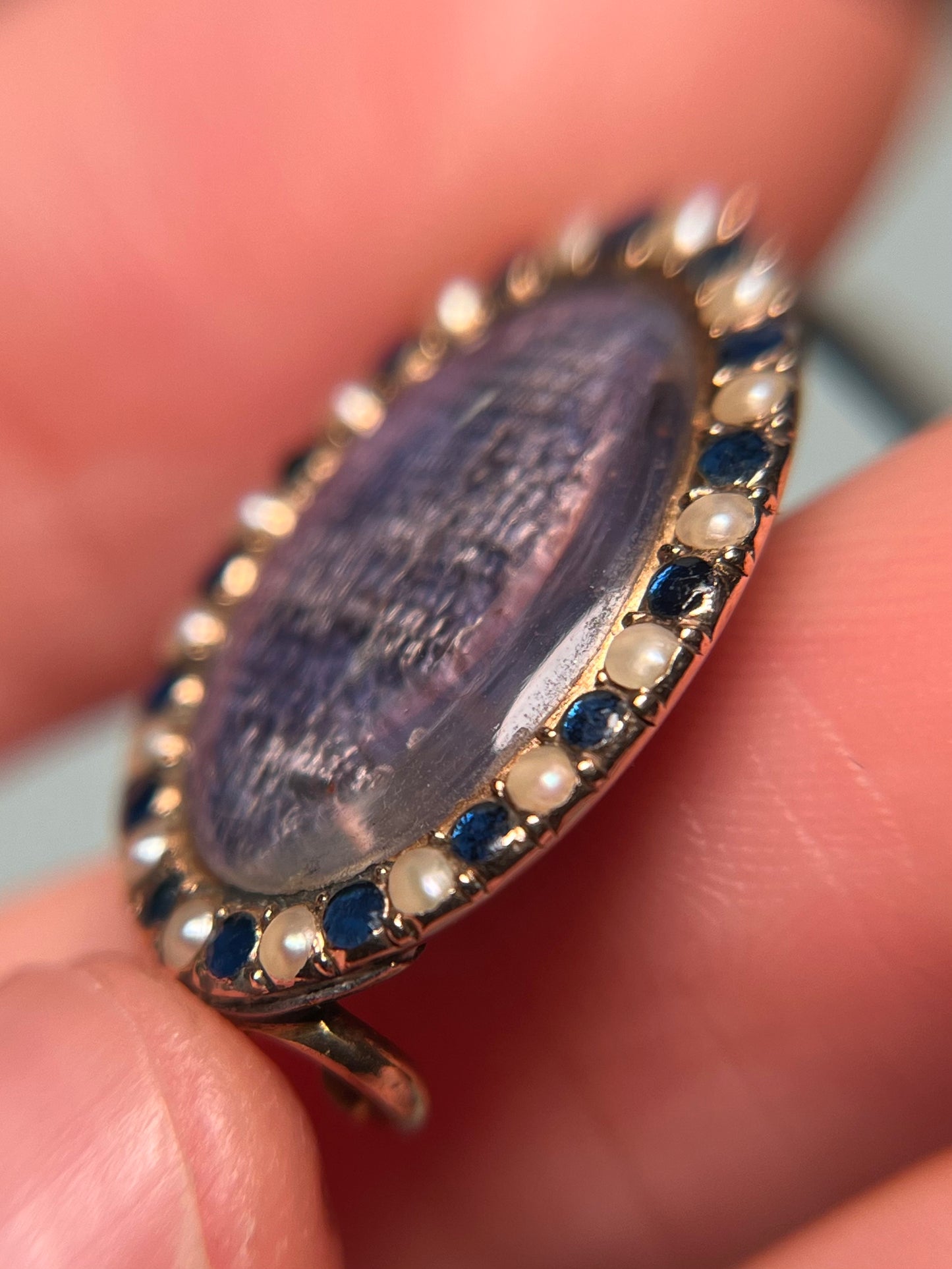 Georgian Navette Brooch with Rose-Cut Sapphires, Seed Pearls and Silk with Monogram "MG"