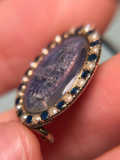 Georgian Navette Brooch with Rose-Cut Sapphires, Seed Pearls and Silk with Monogram "MG"