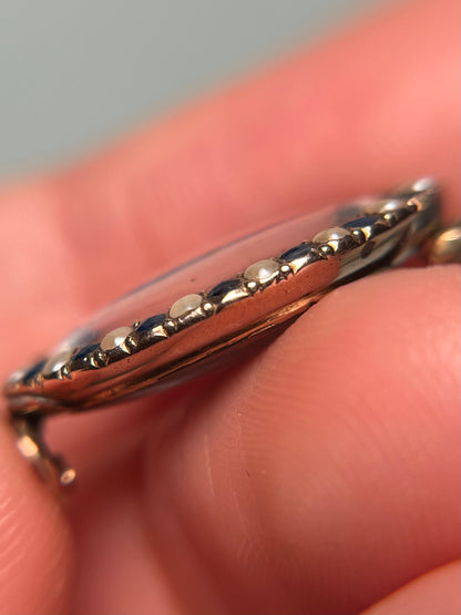 Georgian Navette Brooch with Rose-Cut Sapphires, Seed Pearls and Silk with Monogram "MG"