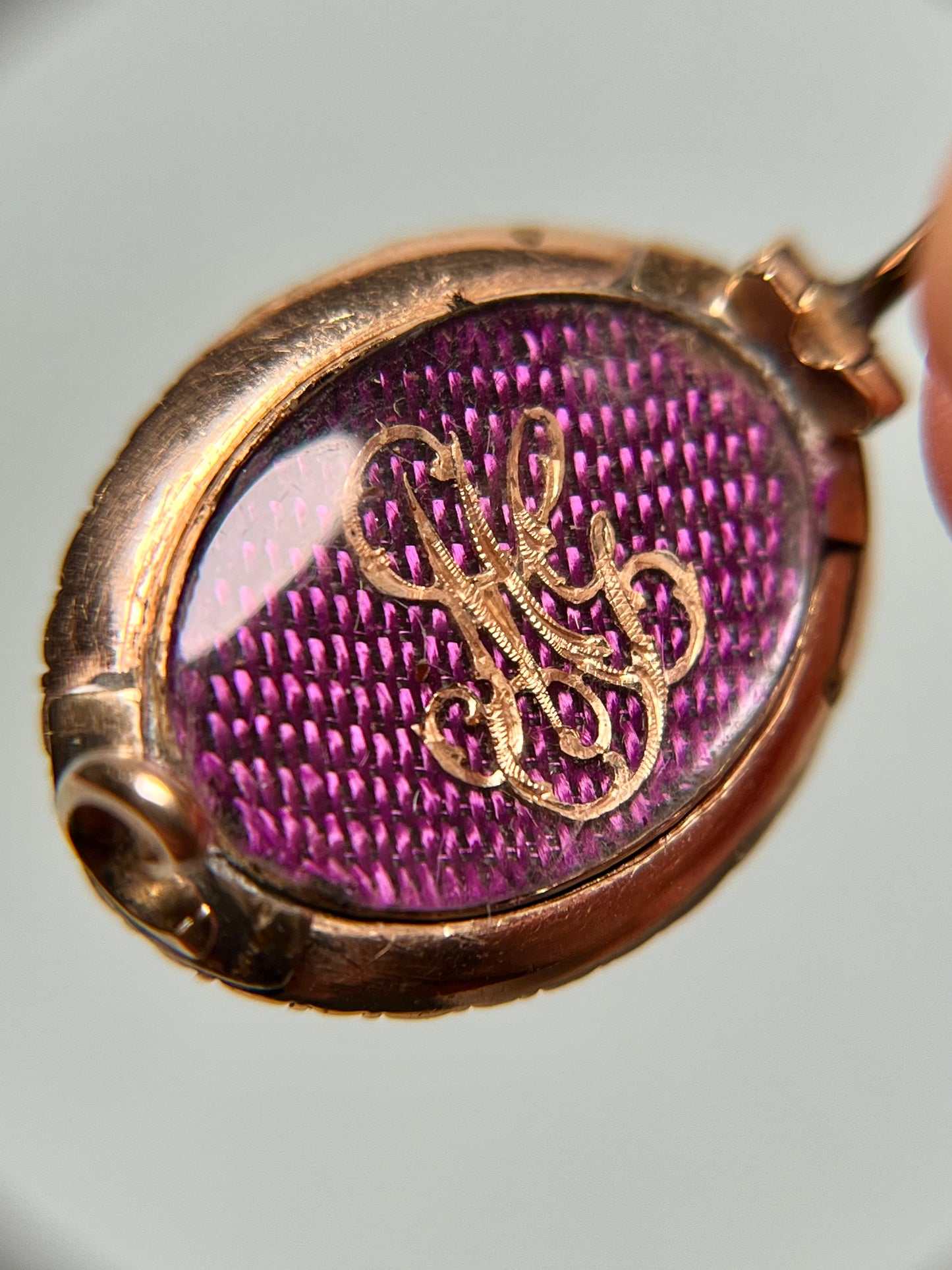 Georgian Navette Brooch with Rose-Cut Sapphires, Seed Pearls and Silk with Monogram "MG"