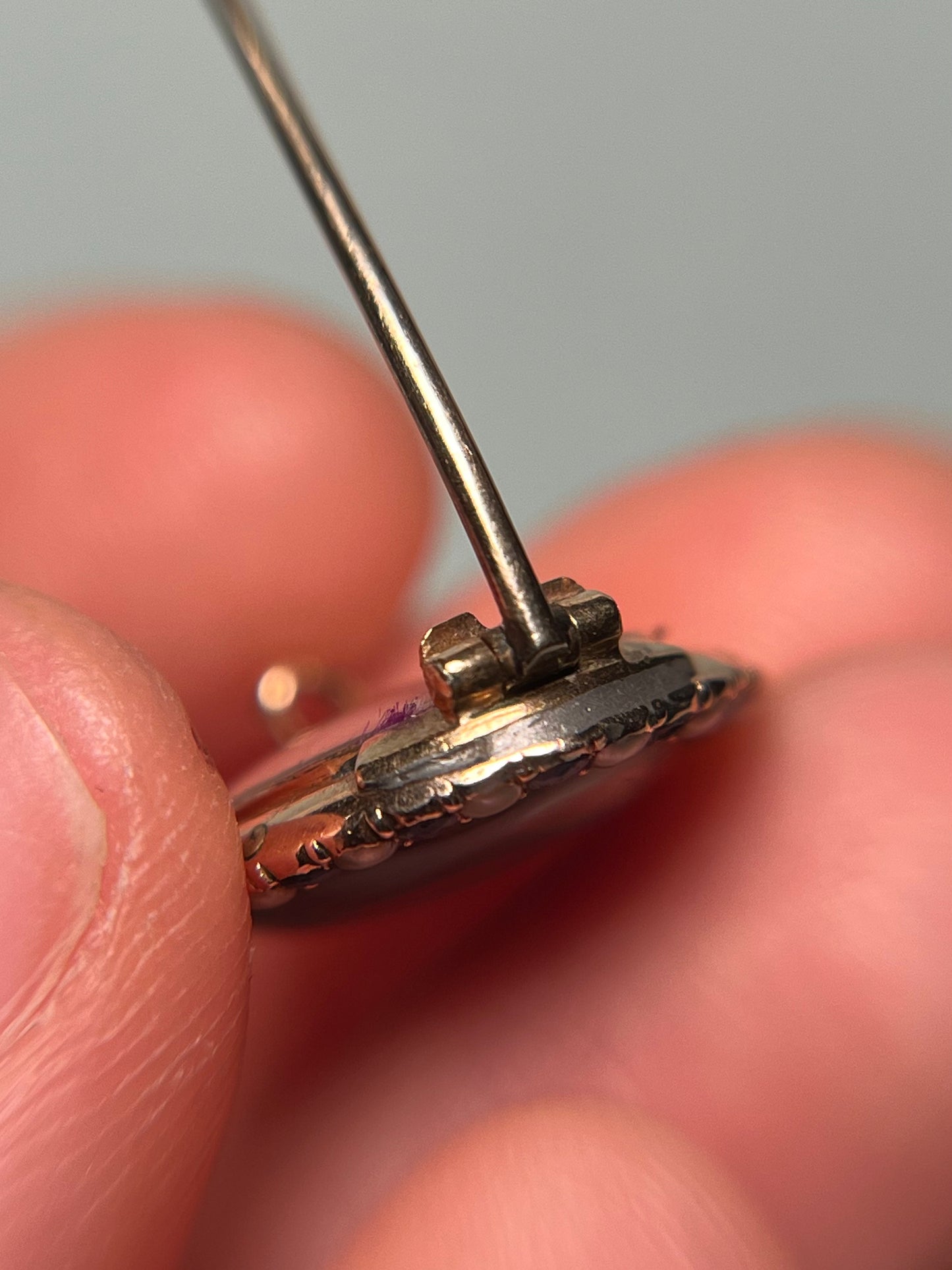 Georgian Navette Brooch with Rose-Cut Sapphires, Seed Pearls and Silk with Monogram "MG"