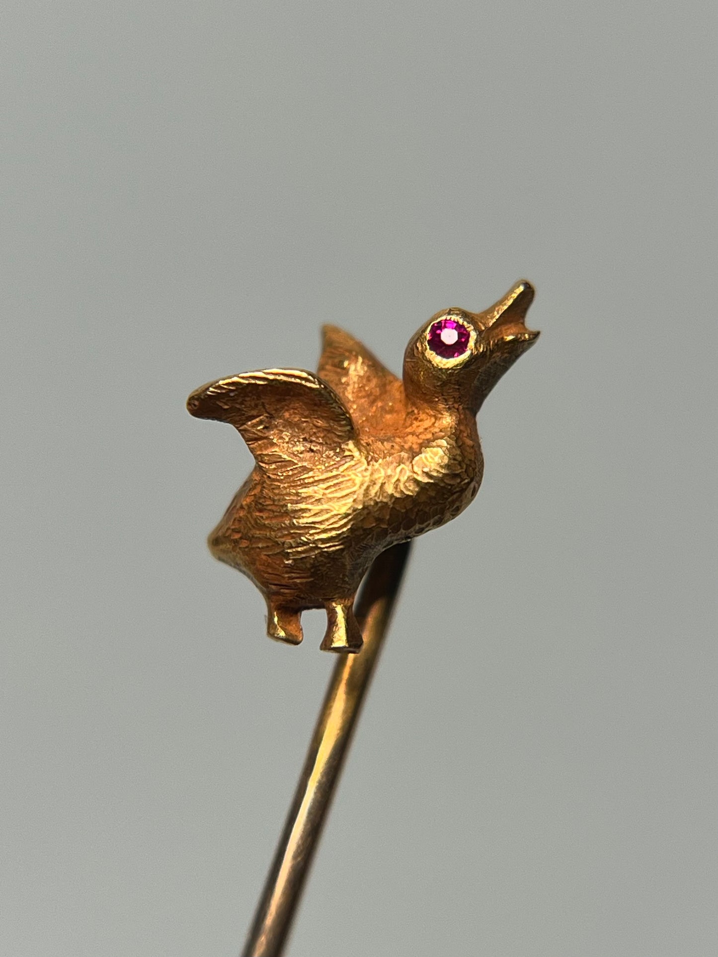 Antique 14K Gold Duckling Stick Pin with Ruby Eye and Bloomed Finish
