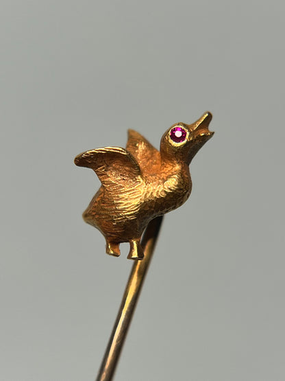 Antique 14K Gold Duckling Stick Pin with Ruby Eye and Bloomed Finish