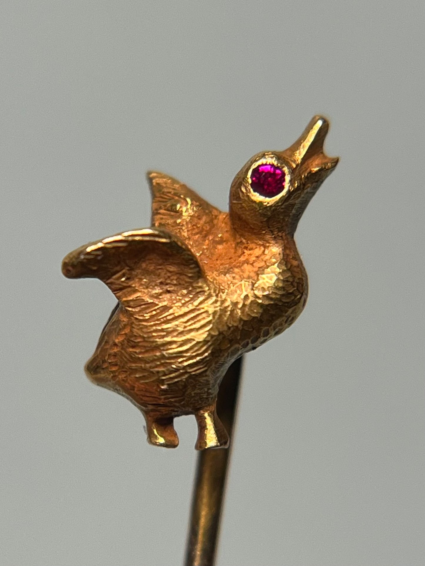 Antique 14K Gold Duckling Stick Pin with Ruby Eye and Bloomed Finish