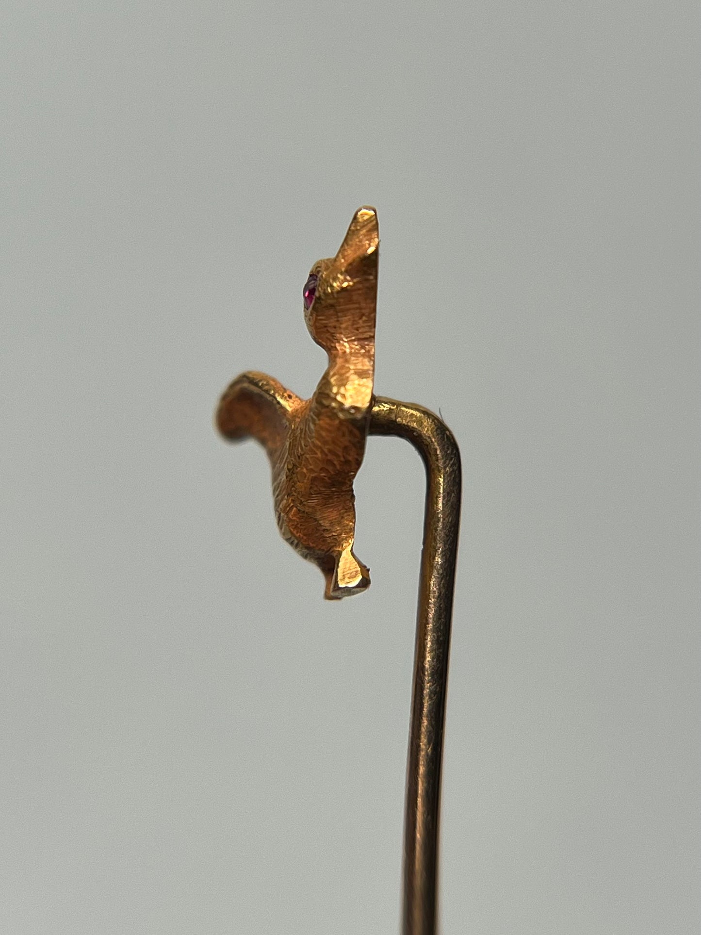 Antique 14K Gold Duckling Stick Pin with Ruby Eye and Bloomed Finish