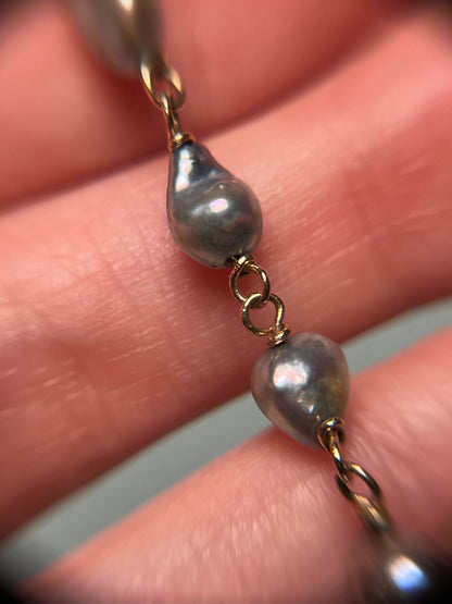 Antique 10K Silver-Blue Cultured Pearl Chain Bracelet