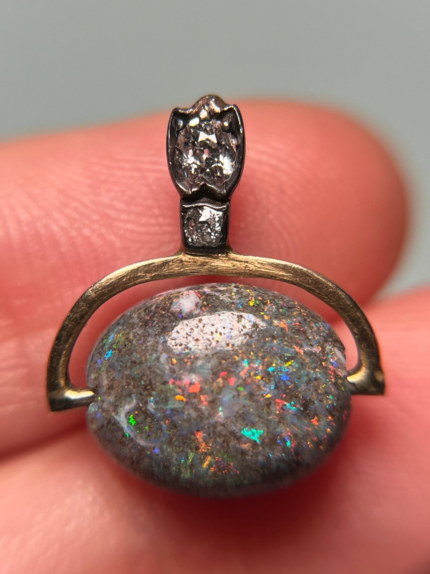 14K and Sterling Antique Pendant with Boulder Opal Bead and Old Cut Diamond Bail