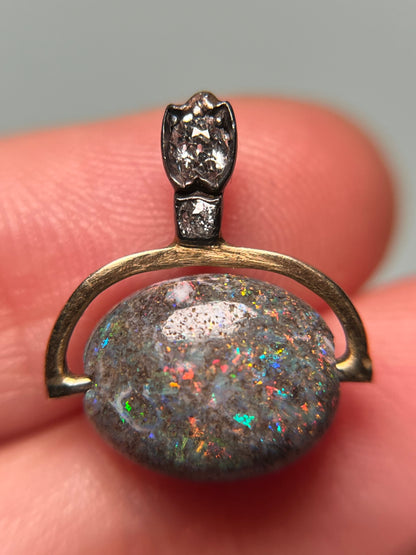 14K and Sterling Antique Pendant with Boulder Opal Bead and Old Cut Diamond Bail
