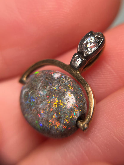 14K and Sterling Antique Pendant with Boulder Opal Bead and Old Cut Diamond Bail