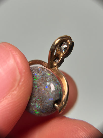 14K and Sterling Antique Pendant with Boulder Opal Bead and Old Cut Diamond Bail