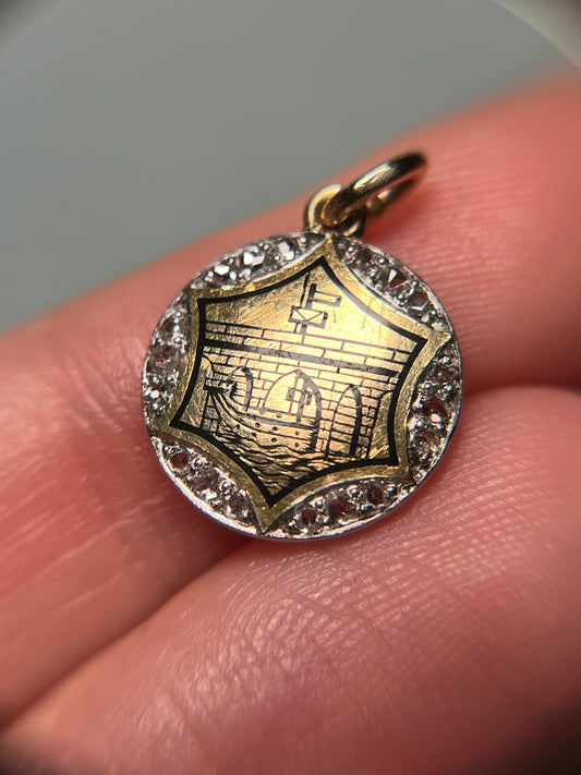 Antique 18K, Platinum, Enamel and Diamond Charm, Venetian Design