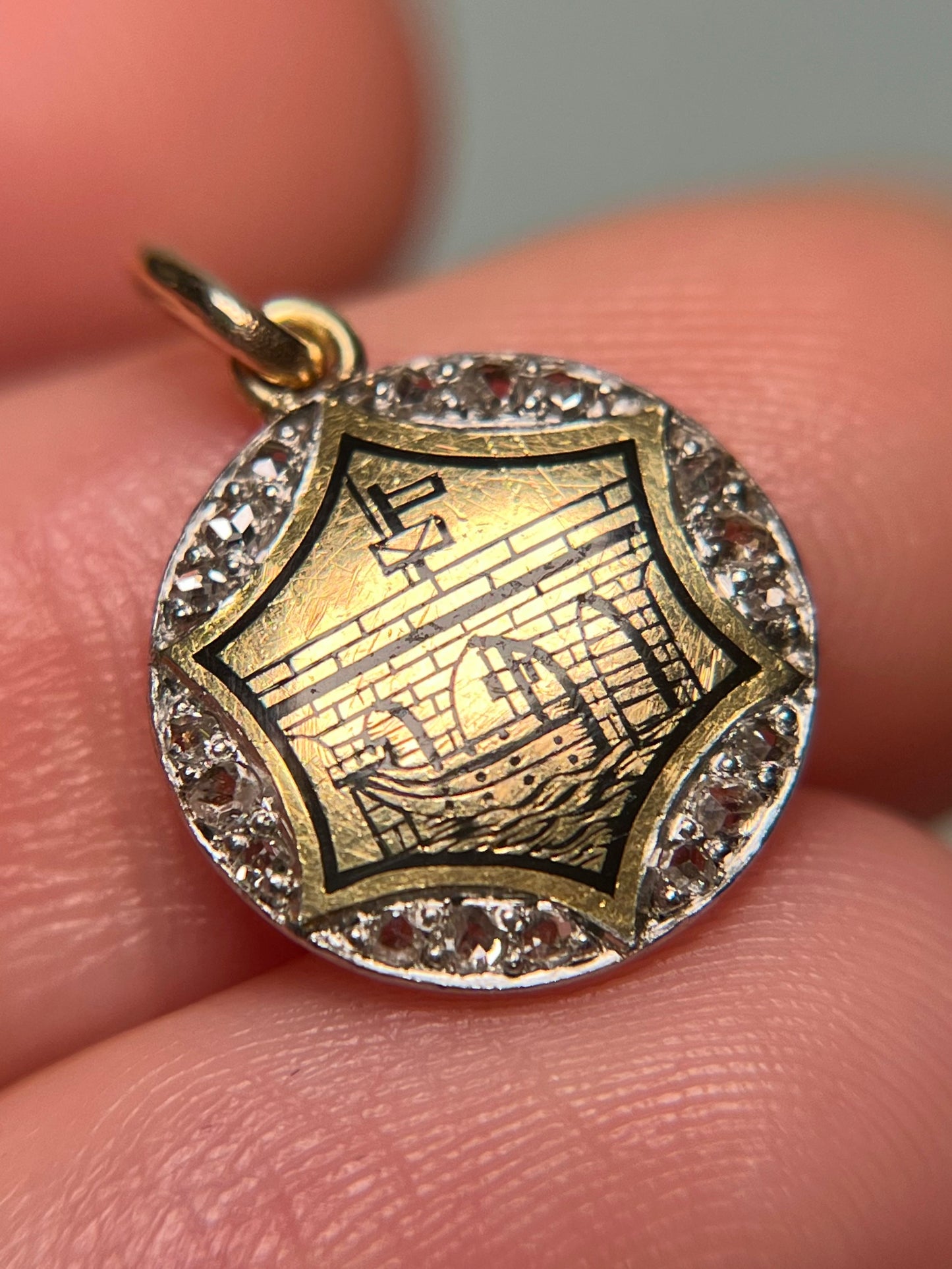 Antique 18K, Platinum, Enamel and Diamond Charm, Venetian Design