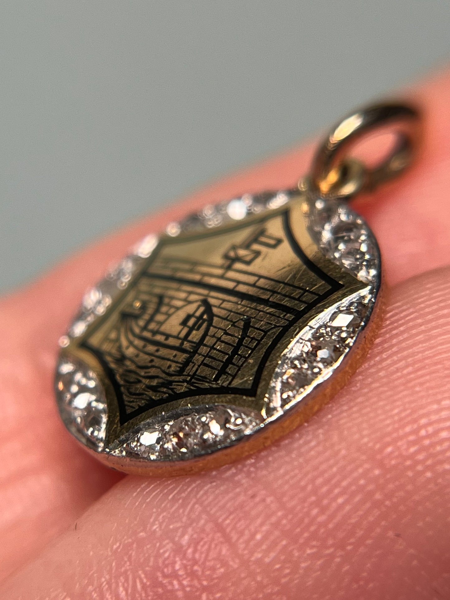 Antique 18K, Platinum, Enamel and Diamond Charm, Venetian Design