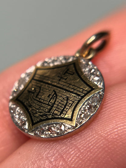 Antique 18K, Platinum, Enamel and Diamond Charm, Venetian Design