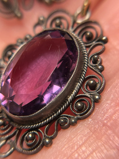 Vintage Silver Filigree Earrings with Large Amethysts, on 18K Gold Wires