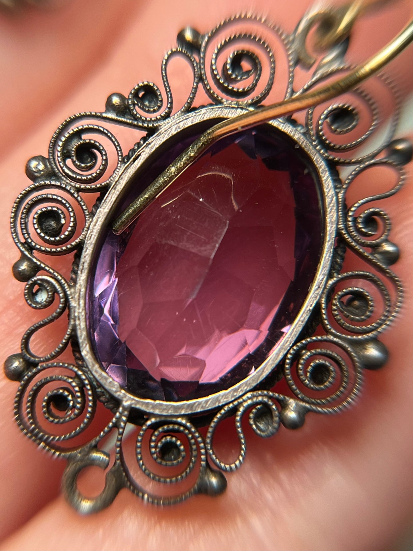 Vintage Silver Filigree Earrings with Large Amethysts, on 18K Gold Wires