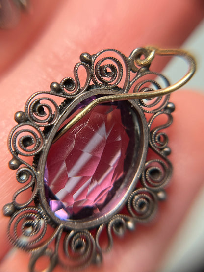 Vintage Silver Filigree Earrings with Large Amethysts, on 18K Gold Wires