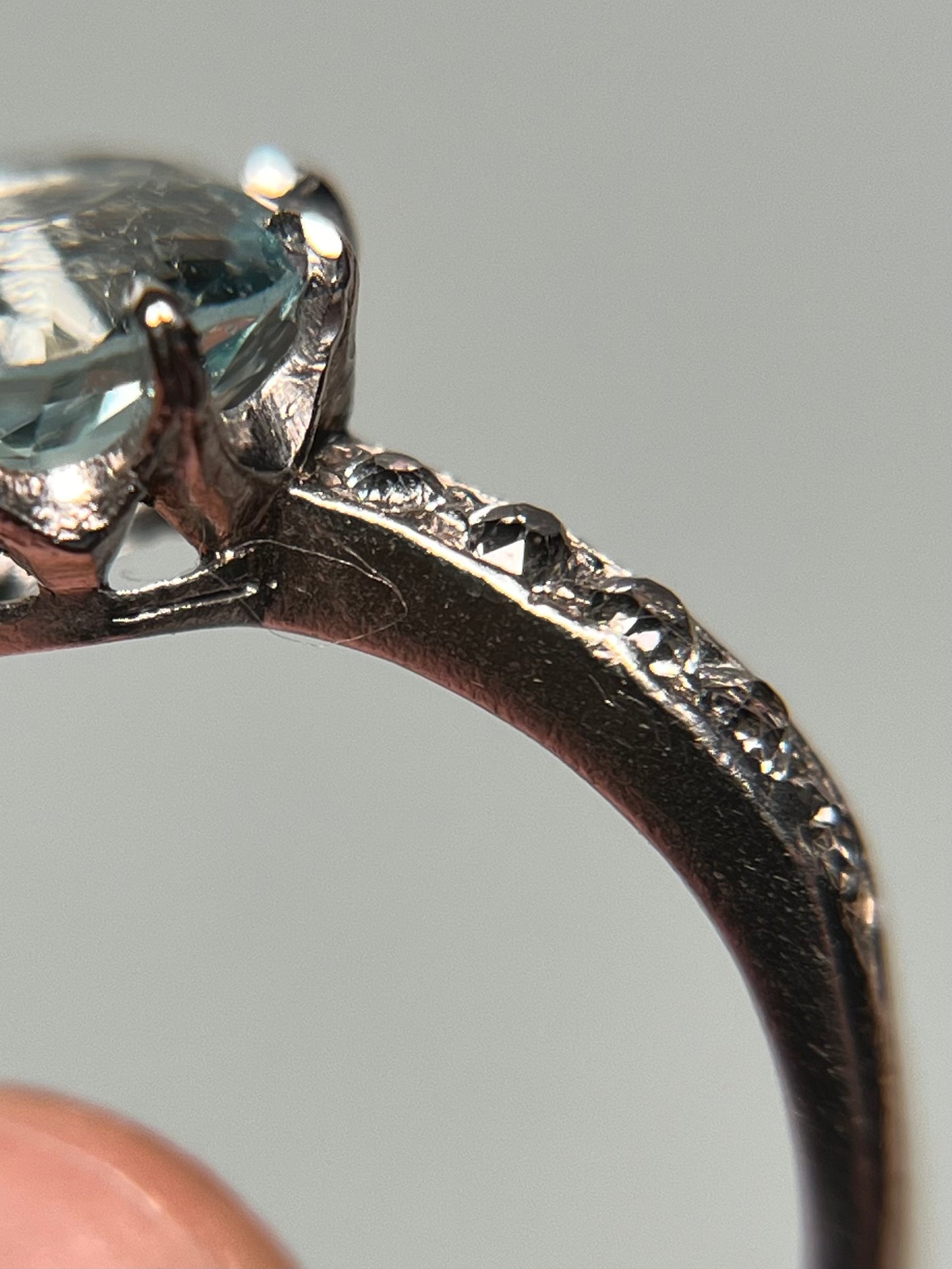 Antique Platinum, Old Mine Cut Diamond and Aquamarine Ring