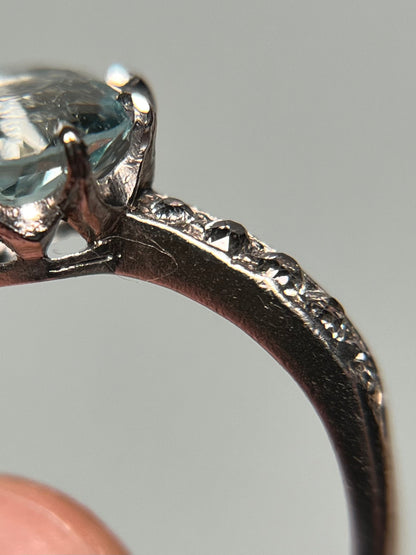 Antique Platinum, Old Mine Cut Diamond and Aquamarine Ring