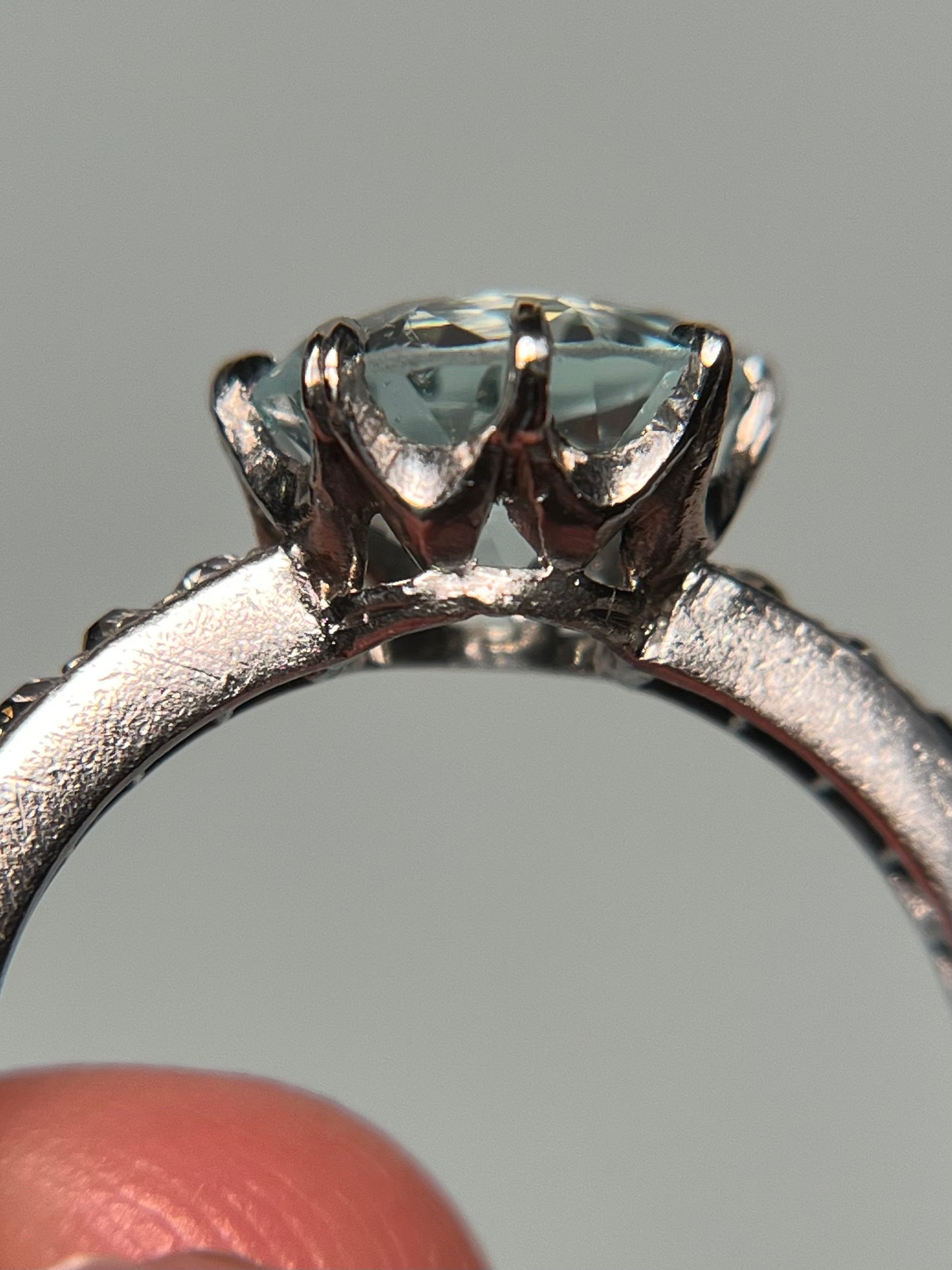 Antique Platinum, Old Mine Cut Diamond and Aquamarine Ring