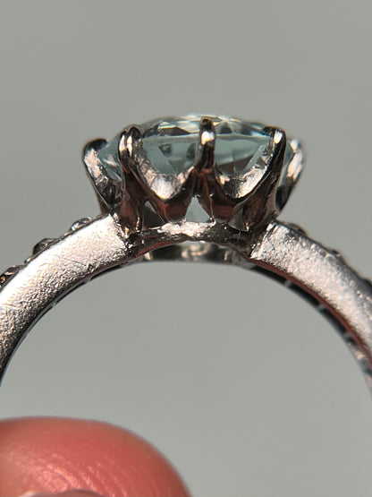 Antique Platinum, Old Mine Cut Diamond and Aquamarine Ring
