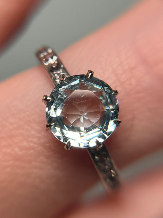 Antique Platinum, Old Mine Cut Diamond and Aquamarine Ring