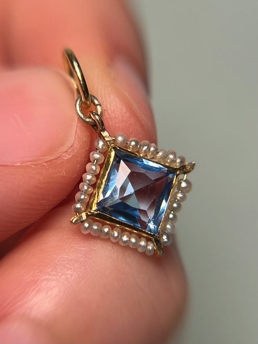 Antique 10K Gold, Synthetic Sapphire and Natural Seed Pearl Charm