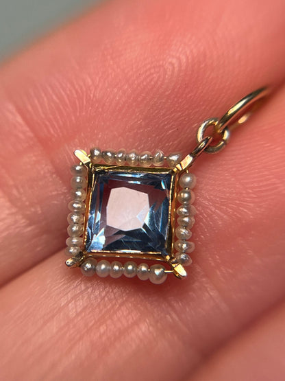 Antique 10K Gold, Synthetic Sapphire and Natural Seed Pearl Charm