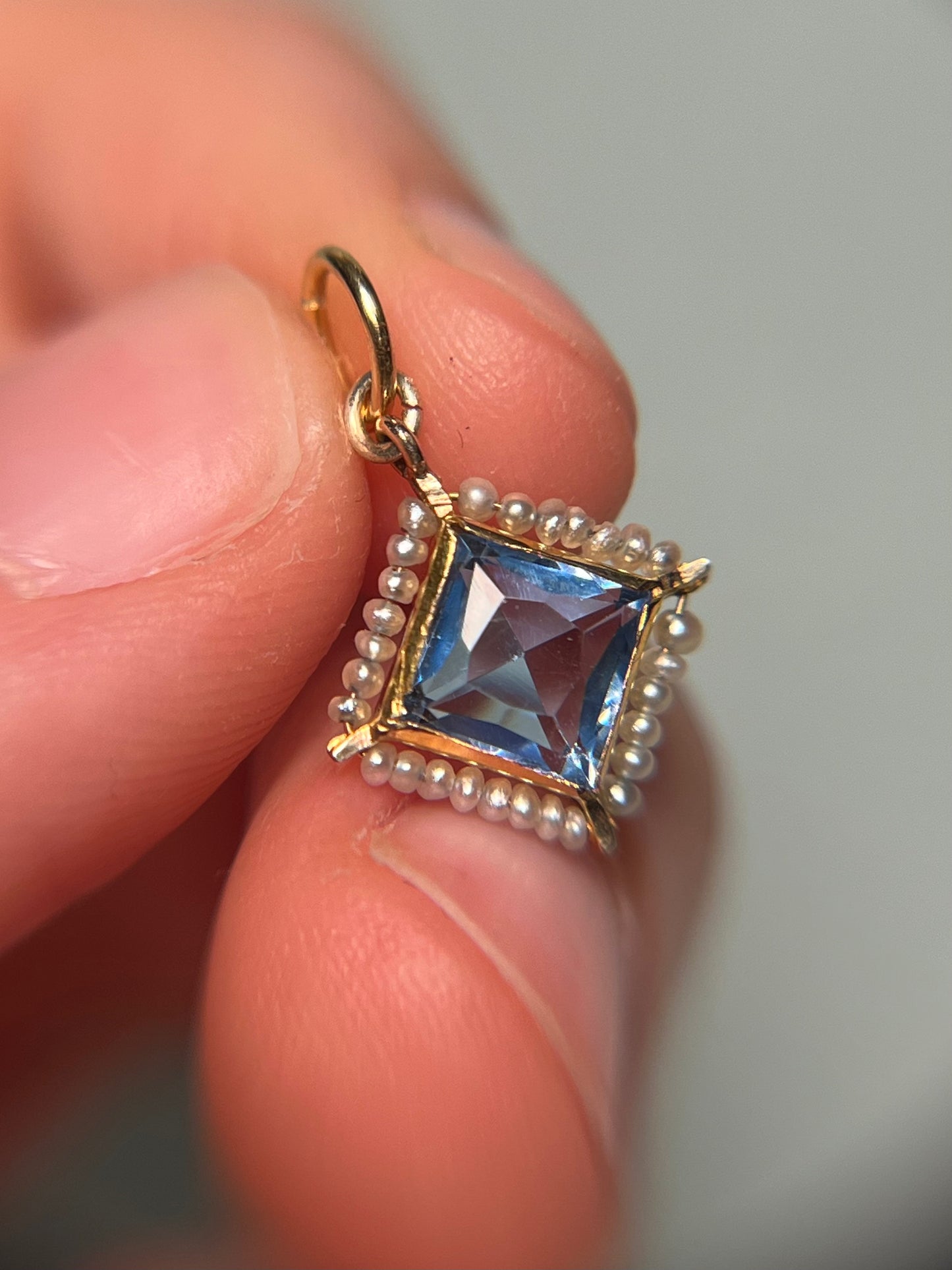 Antique 10K Gold, Synthetic Sapphire and Natural Seed Pearl Charm