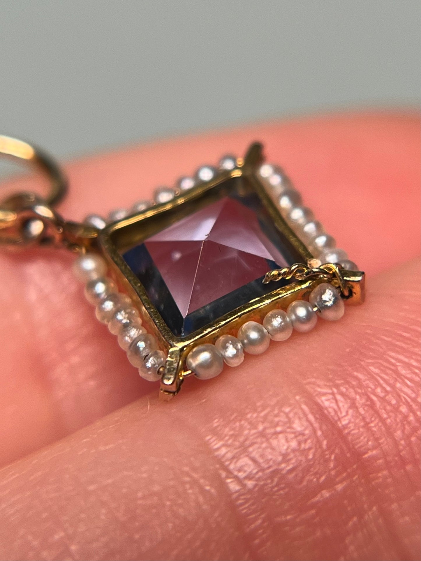 Antique 10K Gold, Synthetic Sapphire and Natural Seed Pearl Charm