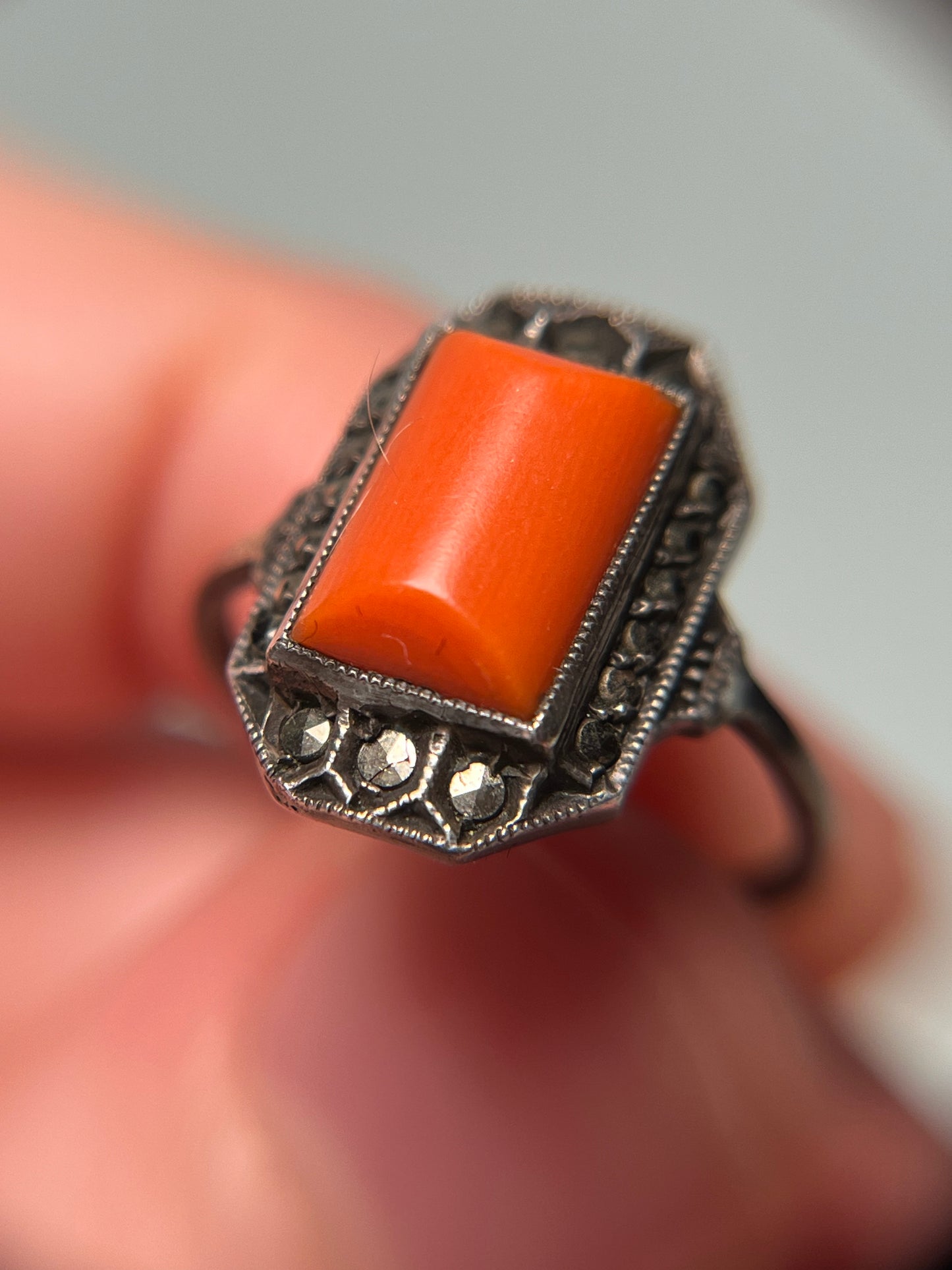 Antique Sterling, Coral and Marcasite Art Deco Ring