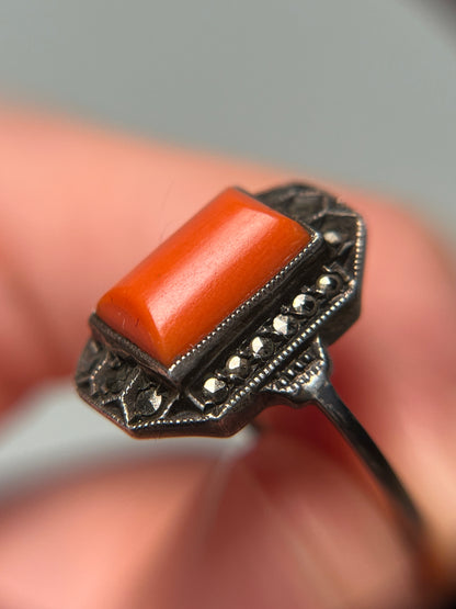 Antique Sterling, Coral and Marcasite Art Deco Ring