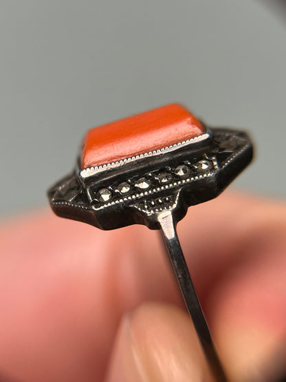 Antique Sterling, Coral and Marcasite Art Deco Ring