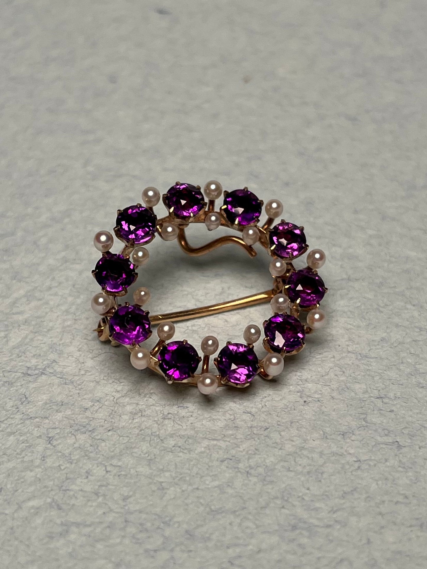Antique 14K, Amethyst and Seed Pearl Wreath Brooch