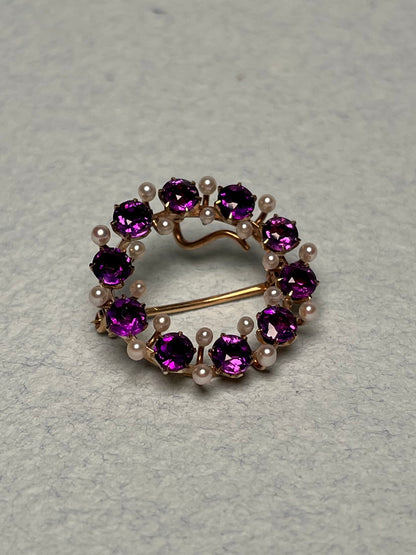 Antique 14K, Amethyst and Seed Pearl Wreath Brooch