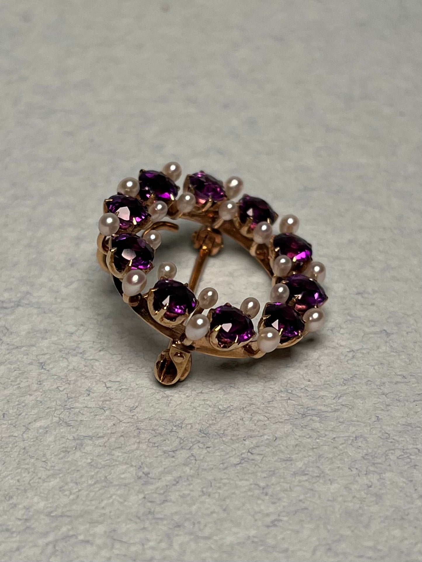 Antique 14K, Amethyst and Seed Pearl Wreath Brooch