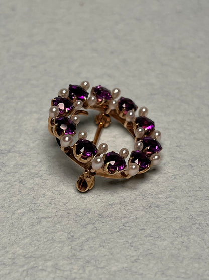 Antique 14K, Amethyst and Seed Pearl Wreath Brooch