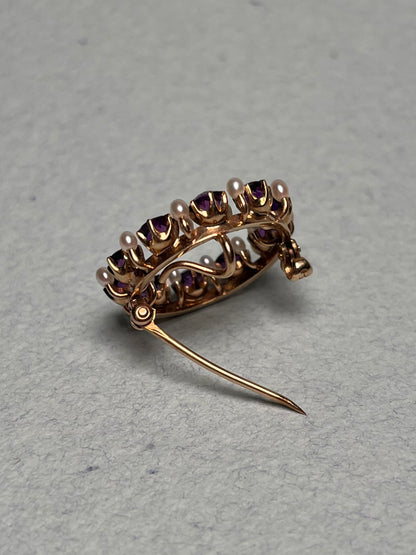 Antique 14K, Amethyst and Seed Pearl Wreath Brooch
