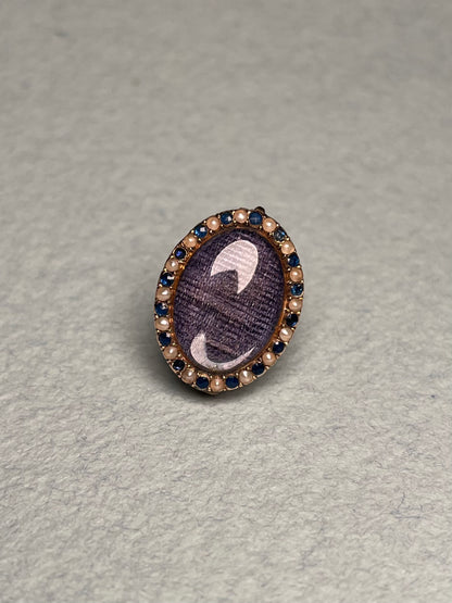Georgian Navette Brooch with Rose-Cut Sapphires, Seed Pearls and Silk with Monogram "MG"
