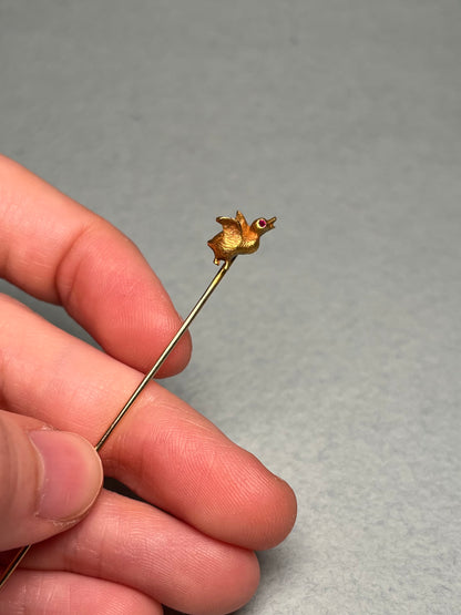 Antique 14K Gold Duckling Stick Pin with Ruby Eye and Bloomed Finish
