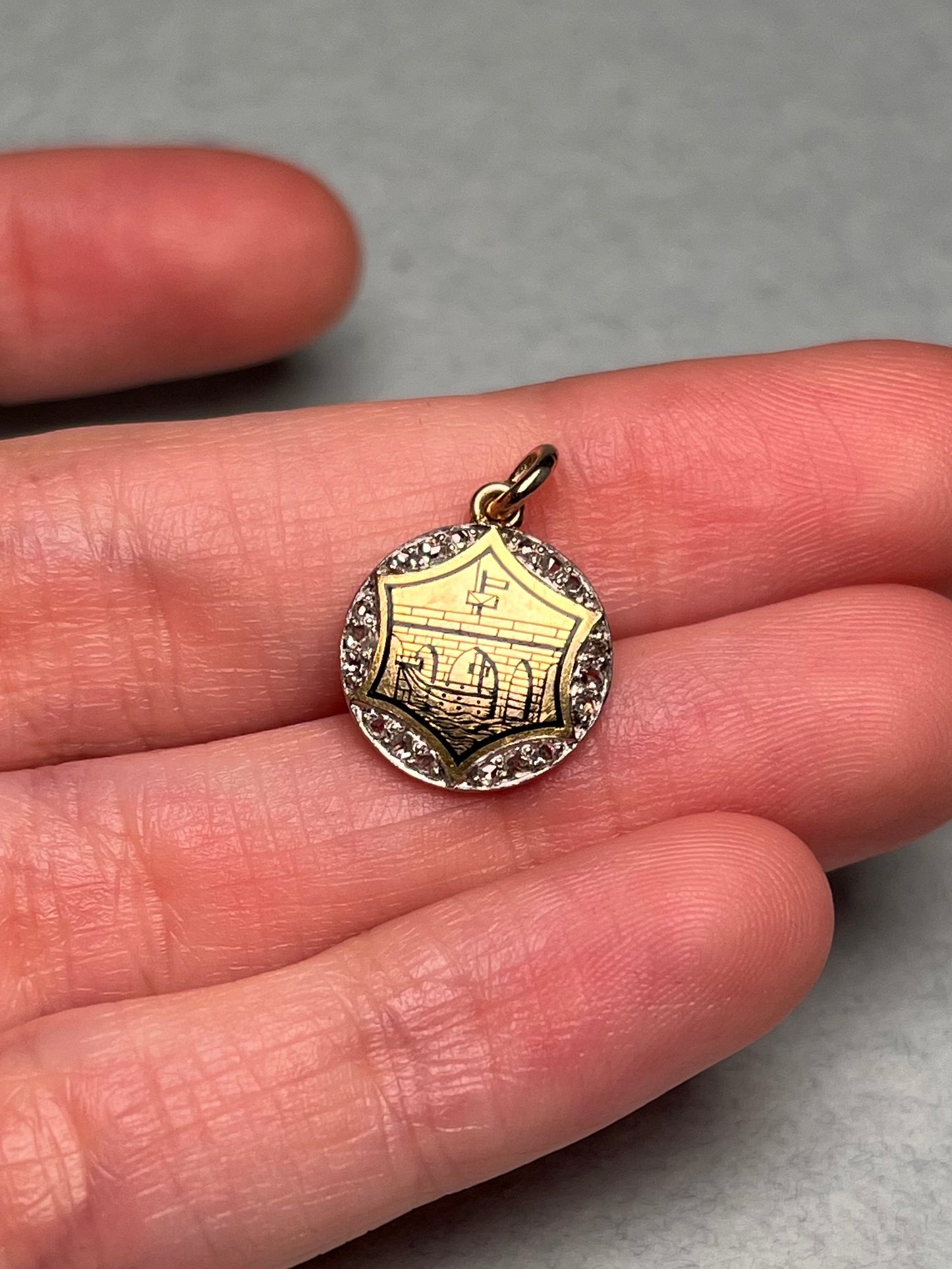 Antique 18K, Platinum, Enamel and Diamond Charm, Venetian Design